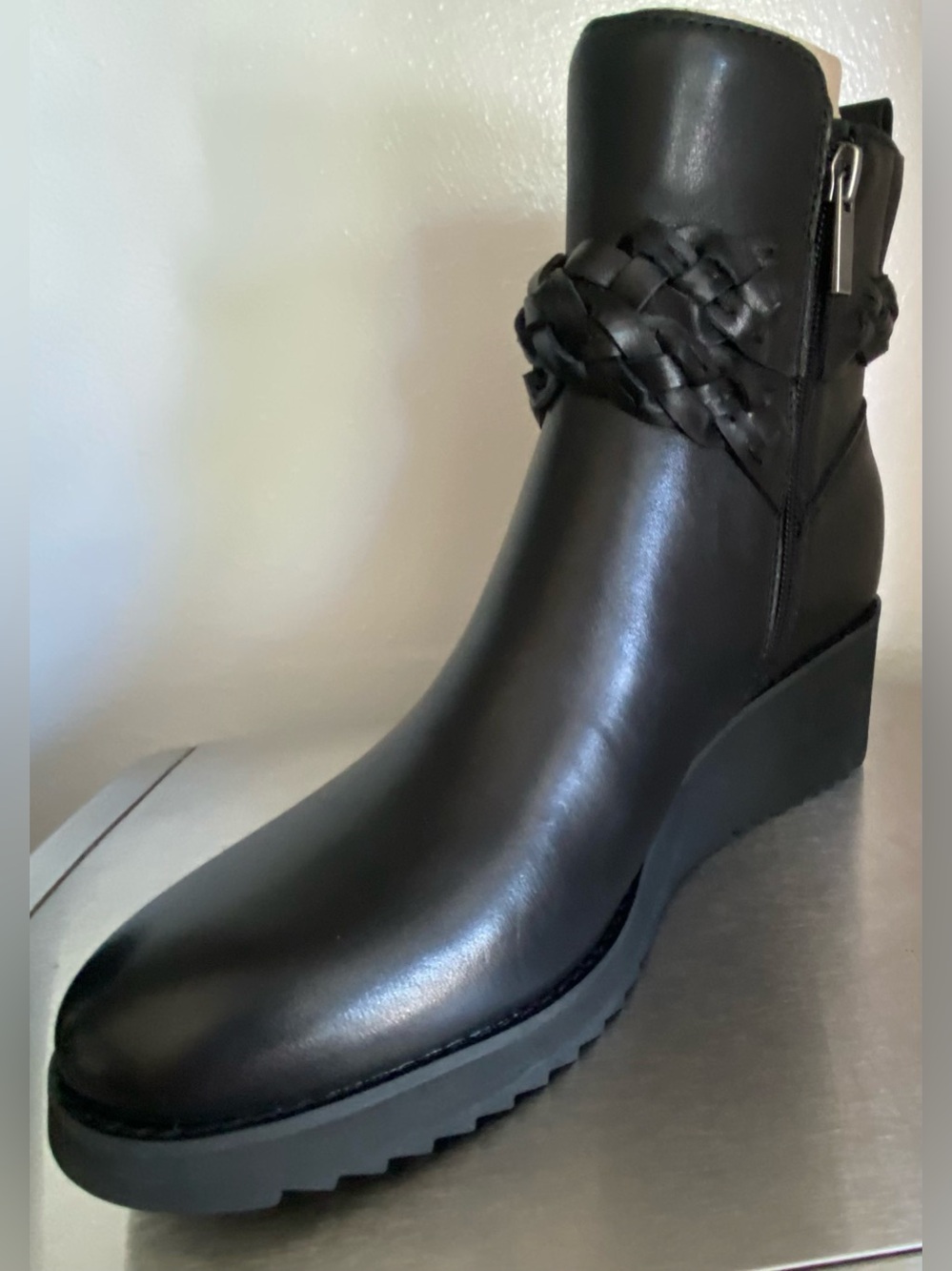 NEW-EARTH WOMENS LEATHER WEDGE ZIP UP ANKLE BOOTS WITH BRAIDED STRAP - Picture 12 of 16